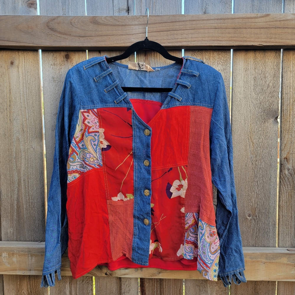 Colorful Patchwork Button-Up Blouse